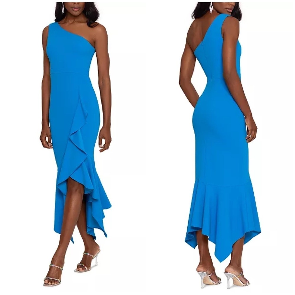 XSCAPE Women's One-Shoulder High-Low Dress in Blue Size 12